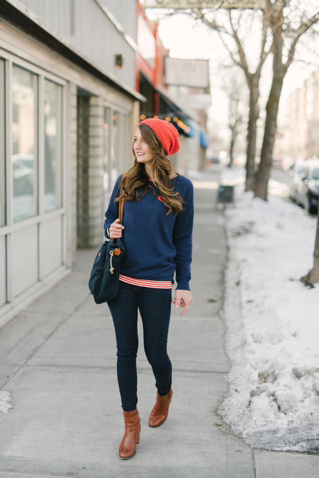 casual heart sweatshirt styled with stripes | via Finding Beautiful Truth